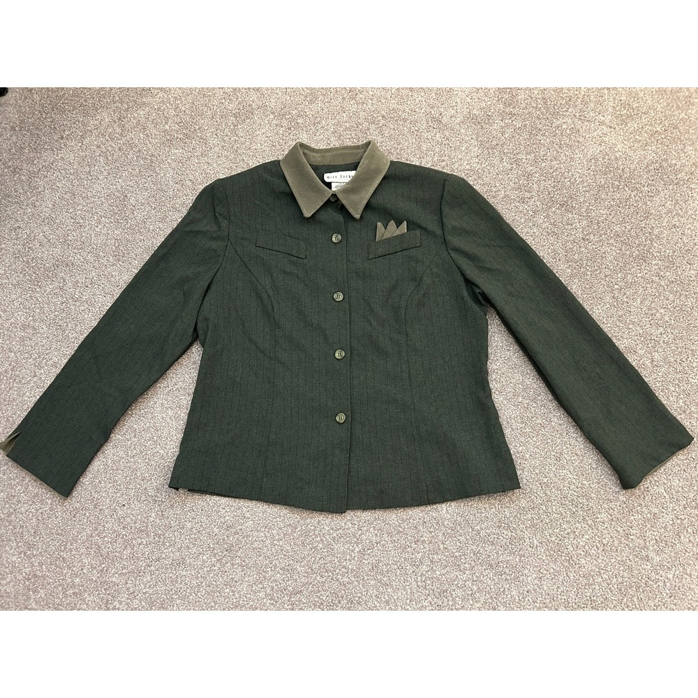 90s VTG Miss Dorby Pinstripe Jacket Womens 14 Green Excellent Faux Suede Collar